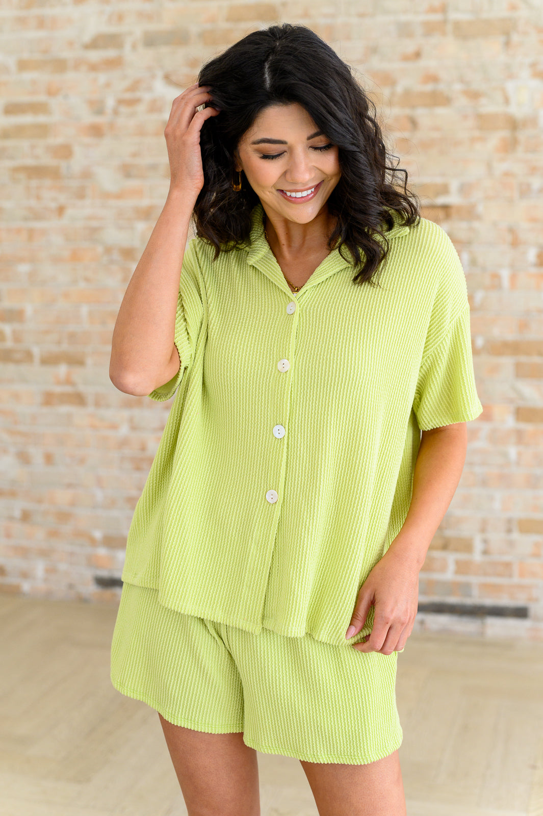 TWO'S COMPANY RIBBED BUTTON DOWN TOP