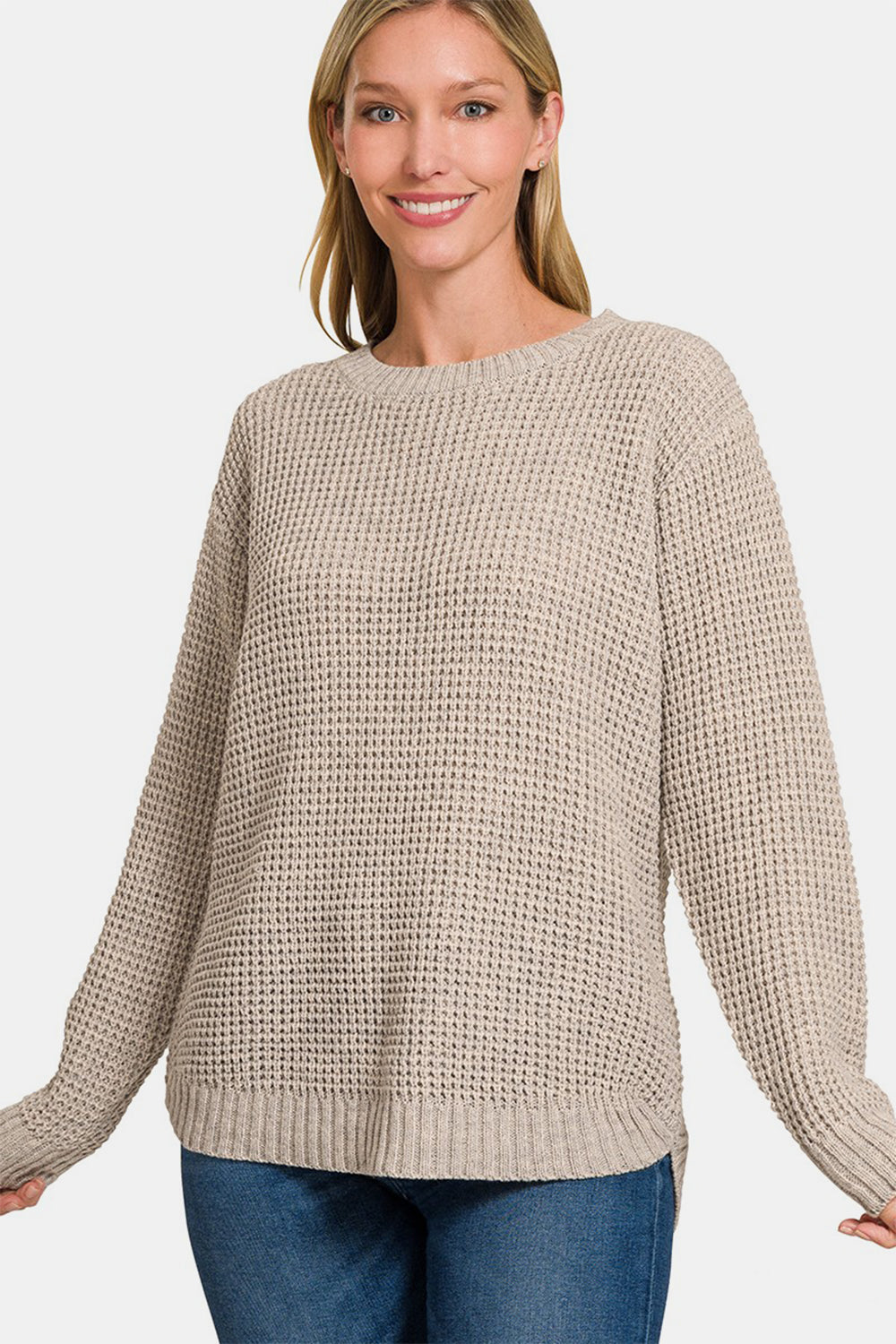 WAFFLE KNIT SWEATER (HEATHER MOCHA)