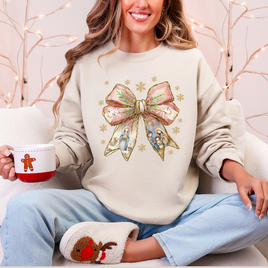 COQUETTE NATIVITY SCENE GRAPHIC TEE + SWEATSHIRT