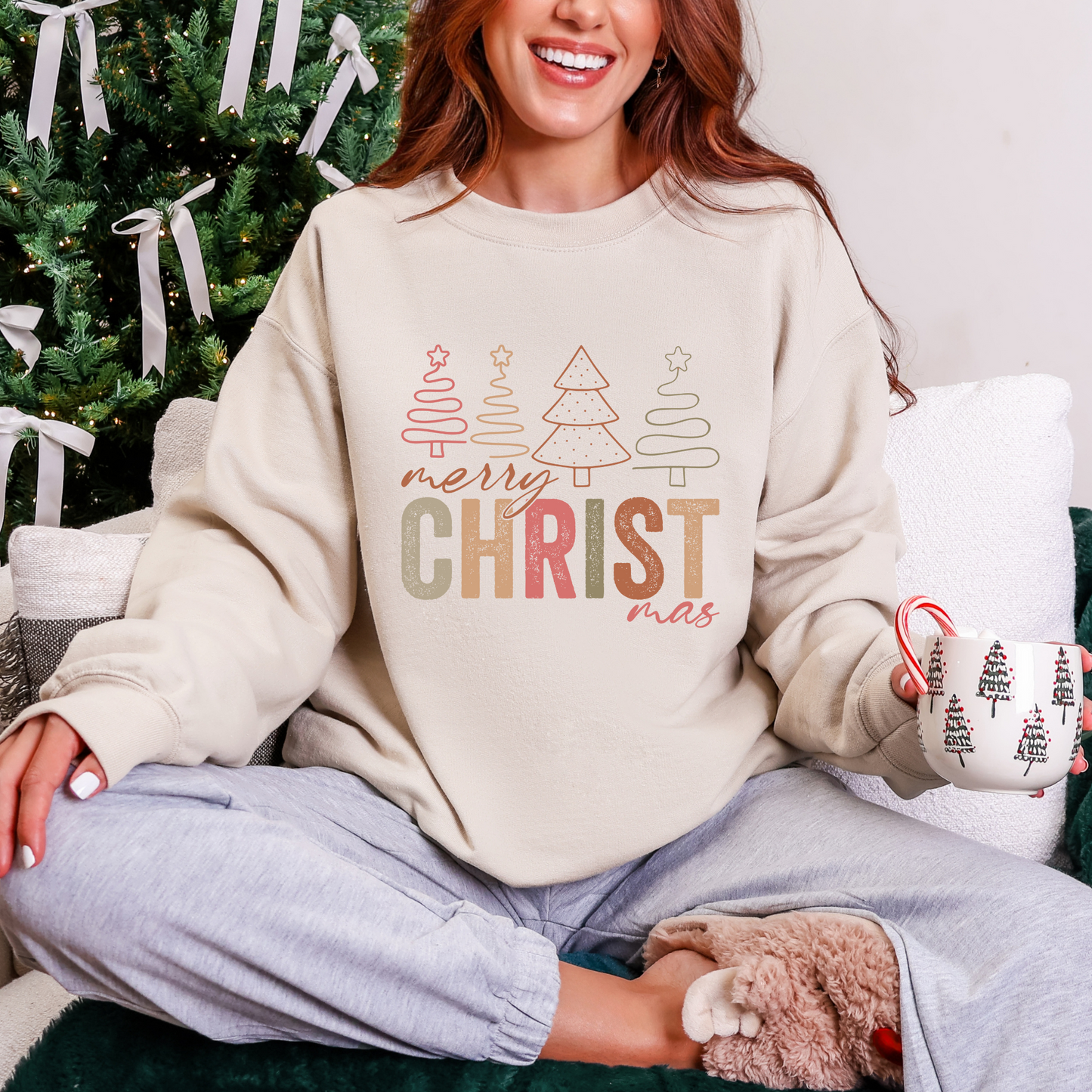 MERRY CHRIST-MAS TREES GRAPHIC TEE + SWEATSHIRT